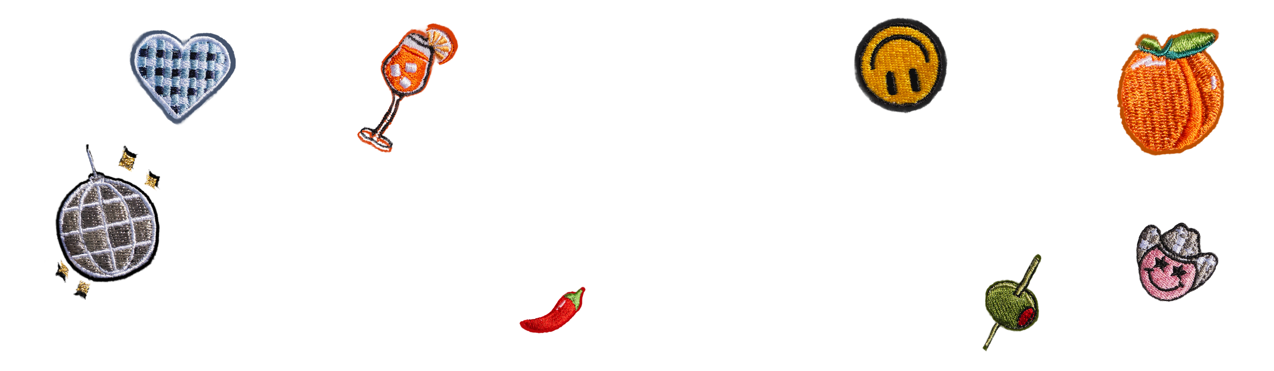 Assorted embroidered patches on a white background, including a heart, cocktail, smiley face, pumpkin, disco ball, chili pepper, olive, and a pink star-cowboy hat emoji—perfect for adding flair to your favorite grippy socks or barre socks.