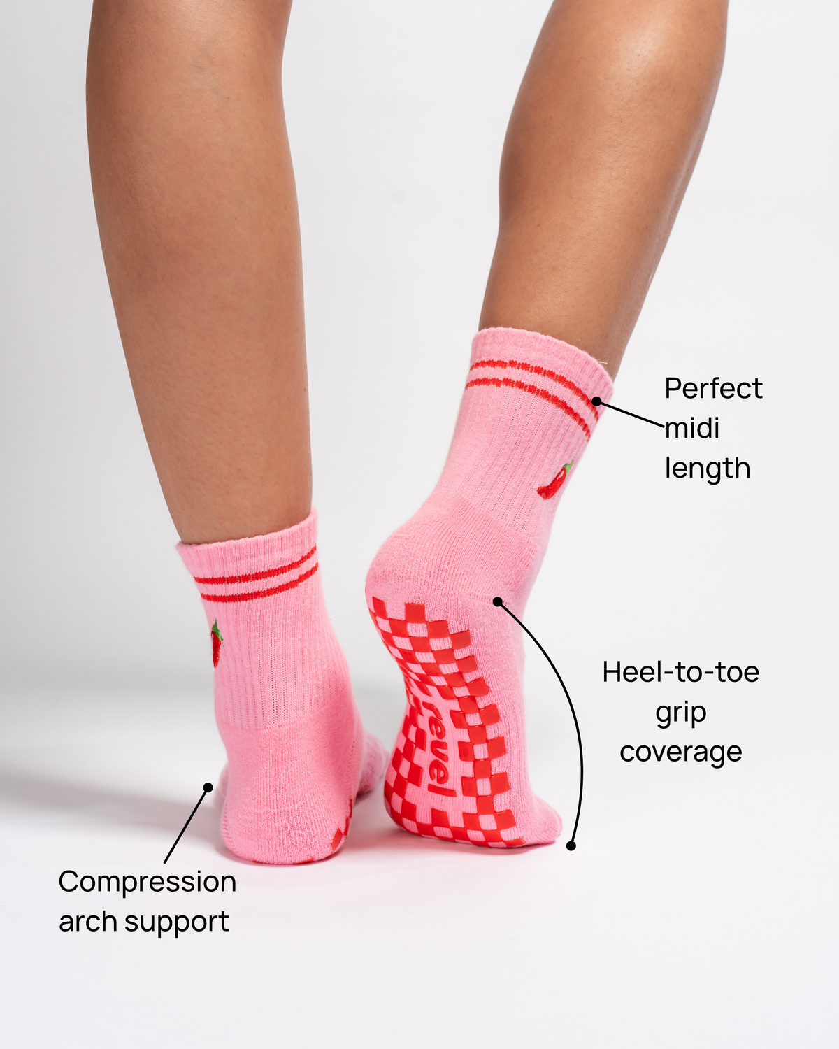 A person wearing The Miami Grip Sock by Revel Athletic stands on tiptoe. Text points out features: perfect midi length, heel-to-toe grip coverage, and compression arch support. The red non-slip grip pattern is visible on the pink soles with red stripes.