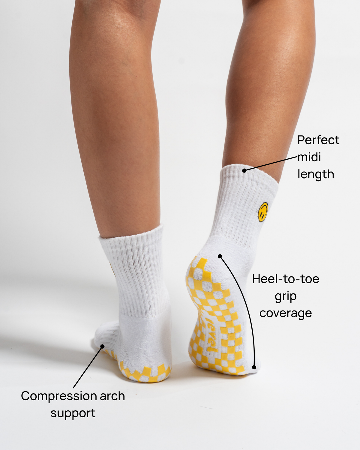 A person wearing The I’m Fine Grip Sock by Revel Athletic in white, featuring a midi length and yellow checkered grip soles. Text highlights heel-to-toe grip coverage, compression arch support, and the ideal midi length.