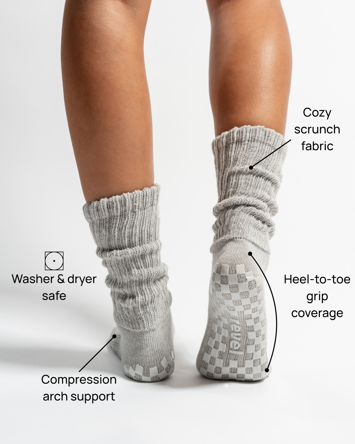 A person is shown from behind wearing The Slouch - Grey Pilates grip socks by Revel Athletic. Text highlights features including cozy fabric, machine washable design, arch support, and full heel-to-toe grip coverage.