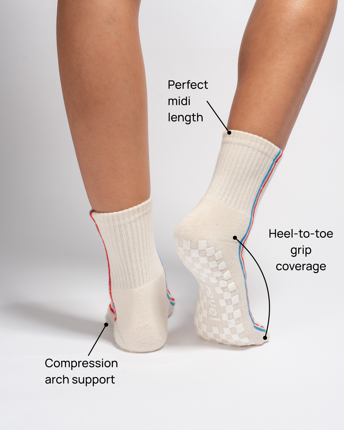 A person is wearing Revel Athletic’s The Chicago Grip Sock in cream, featuring blue and red stripes; labeled features highlight the perfect midi length, compression arch support, and heel-to-toe grip coverage displayed on the textured sole.