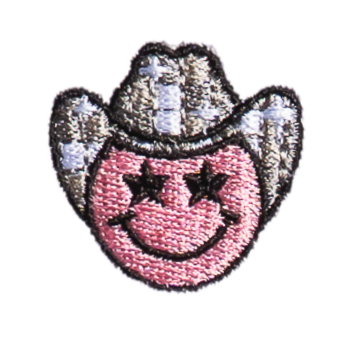 Embroidered patch of a pink smiley face with star-shaped eyes wearing a black and white checkered cowboy hat—perfect for adding personality to your favorite grip sock or barre socks.