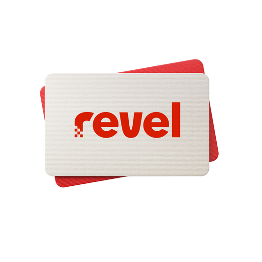 Two rectangular cards overlap on a white background. The top card is beige, featuring “Revel”—the brand name of the Digital gift card—in bold red lowercase letters, inviting you to experience the gift of grip. The solid red bottom card is slightly offset and partially visible behind the beige one.