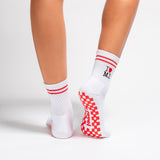 White New York grip socks with red stripes, an "I heart ME" graphic, and a red non-slip patented grip sole