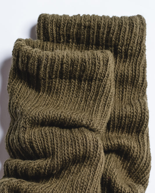 A close-up of two pairs of The Slouch - Olive grip socks by Revel Athletic, stacked together to showcase their olive green ribbed knit texture and folded cuffs against a white background.