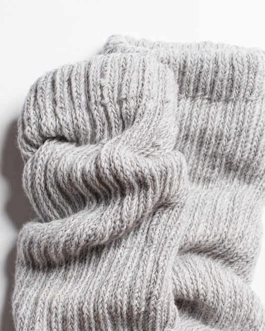 Close-up of The Slouch - Grey Pilates grip socks by Revel Athletic, featuring thick, light gray knit with detailed texture and soft, cozy material.