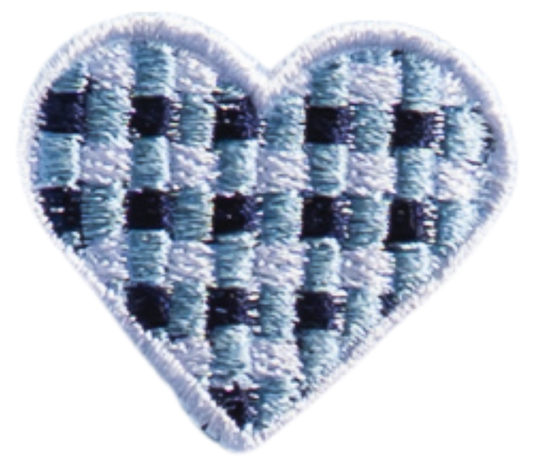 A heart-shaped patch with a blue and black checkerboard pattern, outlined in white stitching—perfect for adding a unique touch to your favorite pair of grippy socks.