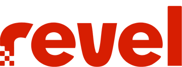 The image shows the word revel in bold, lowercase, red letters. The letter r has small red squares at its base, resembling pixels or a digital effect—much like the non-slip grip found on barre socks or sticky socks.