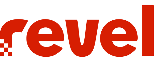 The image shows the word revel in bold, lowercase, red letters. The letter r has small red squares at its base, resembling pixels or a digital effect—much like the non-slip grip found on barre socks or sticky socks.