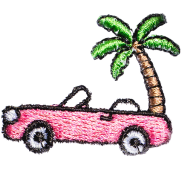 Embroidered patch of a pink convertible car parked next to a green palm tree on a white background, perfect for accessorizing your favorite pilates socks or barre socks.