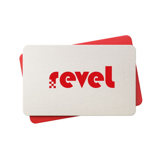A Digital gift card from Revel, featuring a white rectangular card with "revel" in bold red lowercase letters layered over a solid red card, both set against a clean white background for a sleek, modern look.