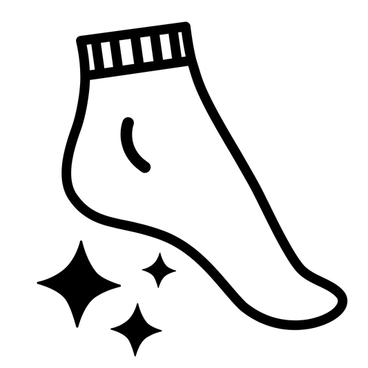 Black and white icon of a grippy sock with three sparkling stars below it, suggesting cleanliness or freshness. The sock has a ribbed cuff at the top.
