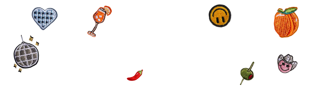 Assorted embroidered patches—including a heart, cocktail, smiley face, peach, disco ball, chili pepper, olive, and a pink cowgirl hat—arranged on a white background. Perfect for personalizing pilates socks or adding flair to your favorite grippy socks.